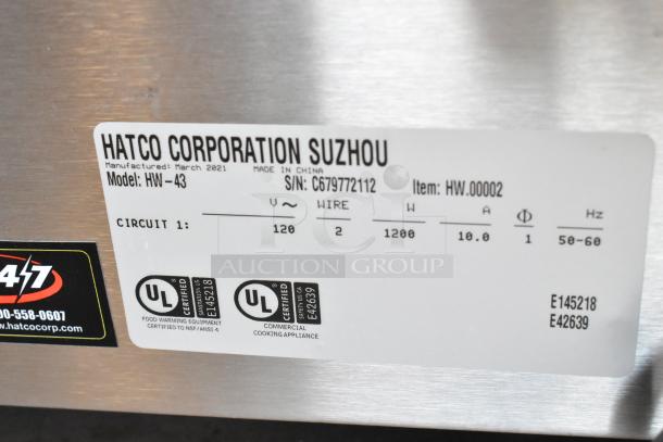 BRAND NEW Hatco HW-43 stainless steel commercial food warmer. 120V, 1-phase. UL-certified label visible.