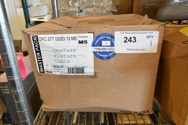 Brand new Reloc OFC 277 12/2G 13 M5 OnePass Fixture Cable in box. Label shows model *263LUT, quantity: 5, U.S. made.