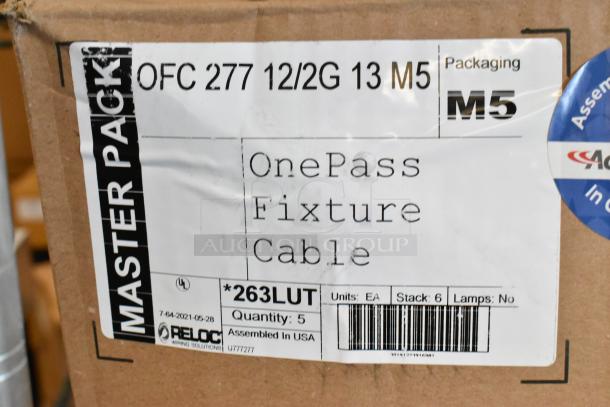 BRAND NEW Reloc OFC 277 12/2G 13 M5 OnePass Fixture Cable in box. Labels show "Master Pack," "263LUT," Quantity 5.