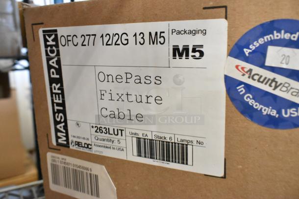 Brand new Reloc OFC 277 12/2G 13 M5 OnePass Fixture Cable in box. Labels indicate packaging M5, assembled in USA.