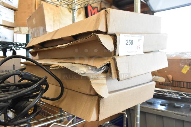 5 brand new StarTech 1U Cantilever Shelves, in boxes. Labels indicate five units. Packaging slightly worn.