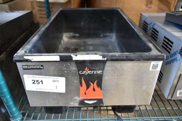 Vollrath Cayenne 1001 stainless steel countertop food warmer, 120 volts, 1 phase. Visible labels highlight brand and model. Used condition.