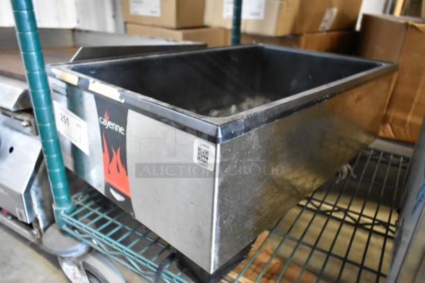 Vollrath Cayenne 1001 stainless steel countertop food warmer, 120 volts, 1 phase, minor surface wear, visible logo, and QR code.