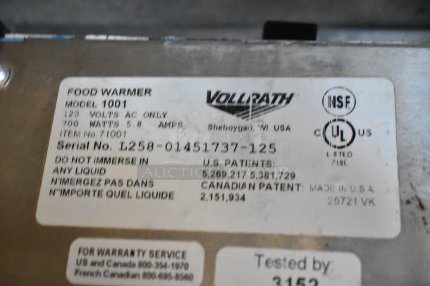 Vollrath Cayenne 1001 stainless steel food warmer label, showing model, voltage, patents, and safety certifications.