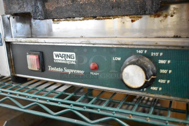 Waring WFG257 Stainless Steel Panini Press, commercial grade, features temperature dial, used condition, 120 Volts, 1 Phase.