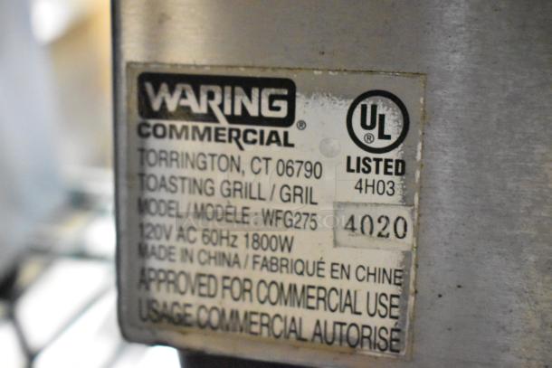 Waring WFG257 Stainless Steel Commercial Panini Press label, 120V, UL listed, suitable for commercial use.