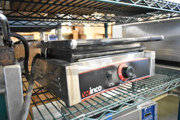 Winco ESG-1 Stainless Steel Panini Press, 120 Volts, 1 Phase, commercial countertop model, features temperature control knob.