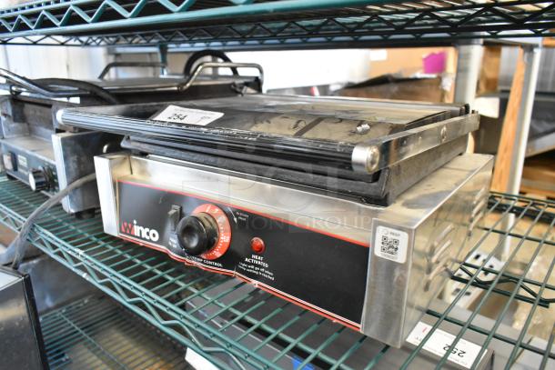 Winco ESG-1 stainless steel panini press, commercial countertop model. 120 volts, visible control dial, good used condition.