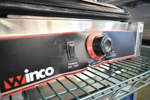 Winco ESG-1 Stainless Steel Panini Press, commercial countertop model, power switch, temperature control dial, 120V, 1 phase.