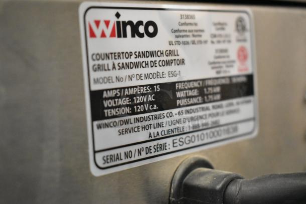 Winco ESG-1 Stainless Steel Panini Press label, 120V, 1 Phase, 15 Amps, 1750 Watts. Serial No. ESG1010001138.