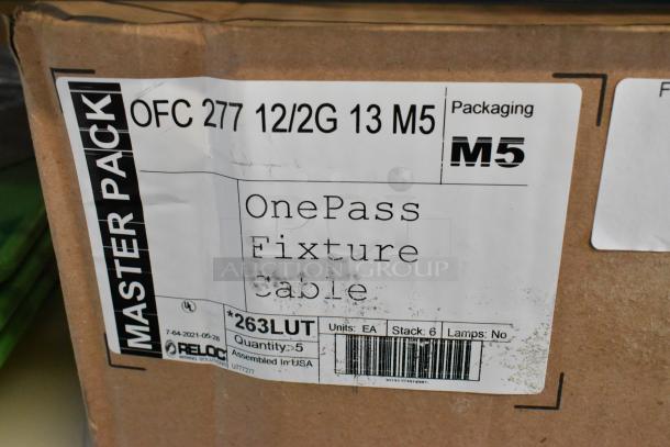Reloc OnePass Fixture Cable, OFC 277 12/2G 13 M5, new in box. Includes 5 units, assembled in USA. Packaging label visible.
