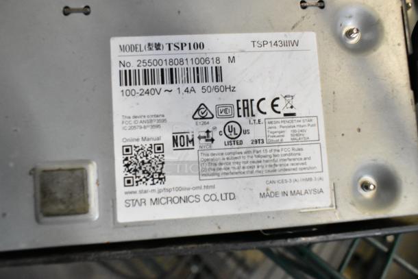 Star TSP100III receipt printer label showing model TSP143IIIW, 100-240V, 1 Phase, Made in Malaysia by Star Micronics Co., LTD.
