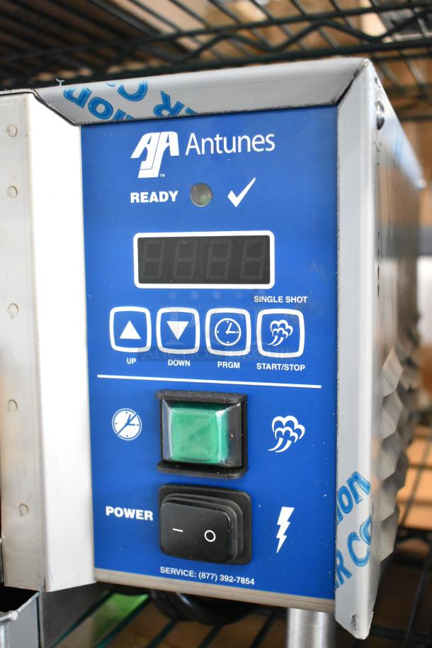 Antunes stainless steel commercial countertop steamer with digital controls, ready indicator, and power switch visible.