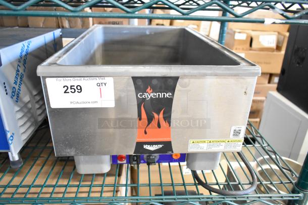 Vollrath Cayenne 58815 stainless steel food warmer, 120 volts, 1 phase, for commercial use, model label and controls visible.