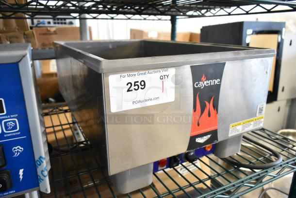 Vollrath Cayenne 58815 stainless steel commercial food warmer, 120V, 1 phase, on a shelf. Auction label: 259.