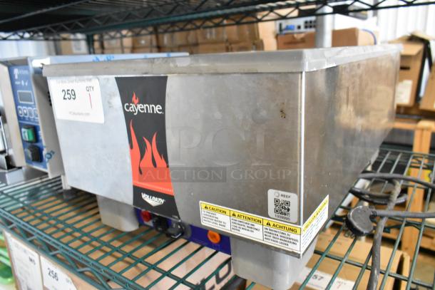 Vollrath Cayenne 58815 commercial food warmer, stainless steel, 120 volts, 1 phase, with caution labels and power cord.