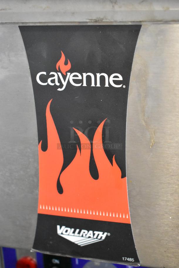 Vollrath Cayenne 58815 stainless steel commercial food warmer with branding label, showing flame design. 120 volts, 1 phase.