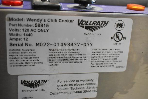 Vollrath Cayenne 58815 stainless steel commercial food warmer, 120V, 1 phase. Model: Wendy's Chili Cooker, 1440 watts, 12 amps.
