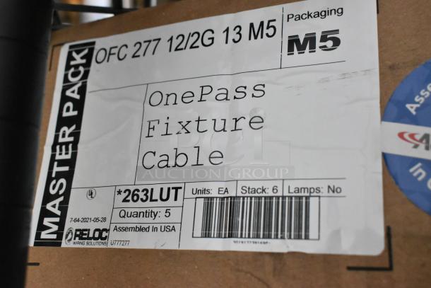 "Brand new Reloc OFC 277 12/2G 13 M5 OnePass Fixture Cable in box, labeled with specs and 'Assembled in USA' marking."