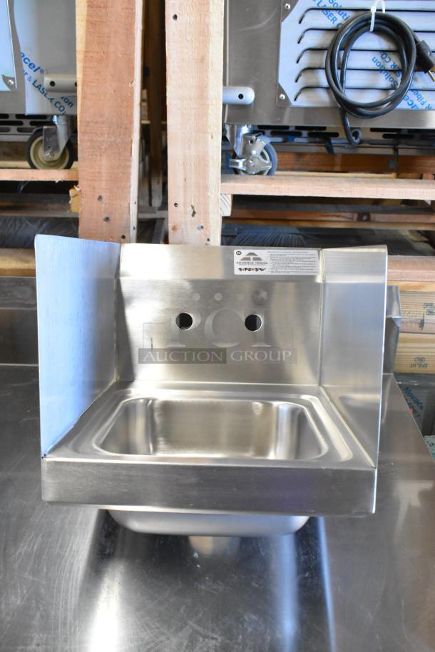 BRAND NEW Advance Tabco 7-PS-56 stainless steel wall mount sink, single bay, visible mounting holes, pristine condition.