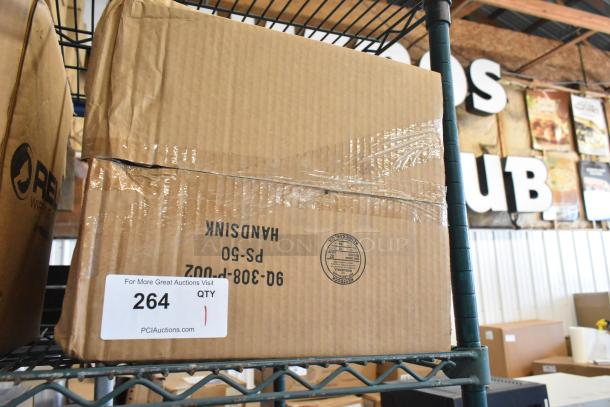 Brand new Advance Tabco 7-PS-56 stainless steel single bay wall mount sink in sealed brown box.