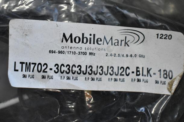 20 new Mobile Mark LTM702-3C3C3J3J3J2C-BLK-180 antennas, SMA plugs, frequencies 694-960/1710-3700 MHz.