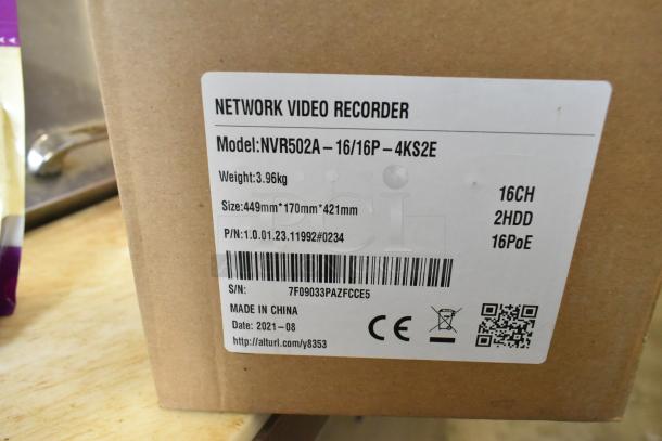Brand new NVR502A-16/16P-4KS2E Network Video Recorder in box. Features 16CH, 2HDD, 16PoE. Size: 449x170x421mm. Made in China.