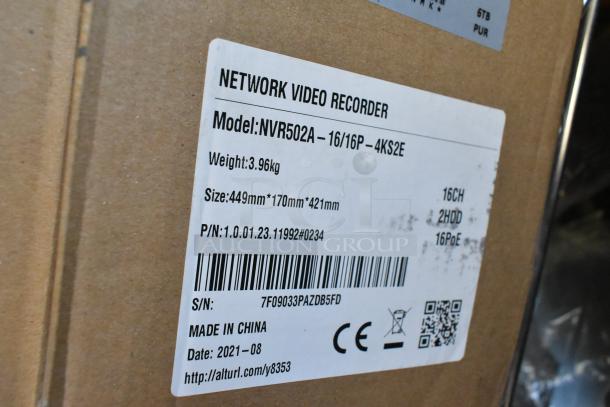 NVR502A-16/16P-4KS2E Network Video Recorder new in box, model details and specifications label visible.