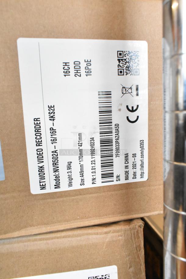 Brand new NVR502A-16/16P-4KS2E network video recorder in box; 16CH, 2HDD, 16PoE, date 2021-08, weight 3.96kg.