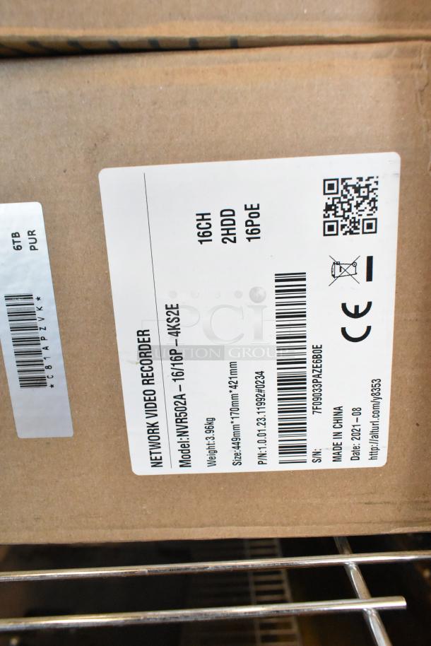 Brand new NVR502A-16/16P-4KS2E Network Video Recorder in box, 16CH, 2HDD, 16PoE. Model details on label.