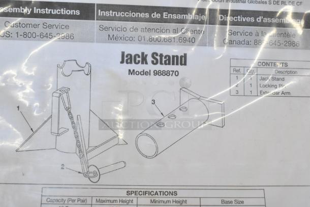 Brand new Global 988870 forklift jack stand, 26,000-pound capacity, includes jack stand, locking pin, and extender arm.