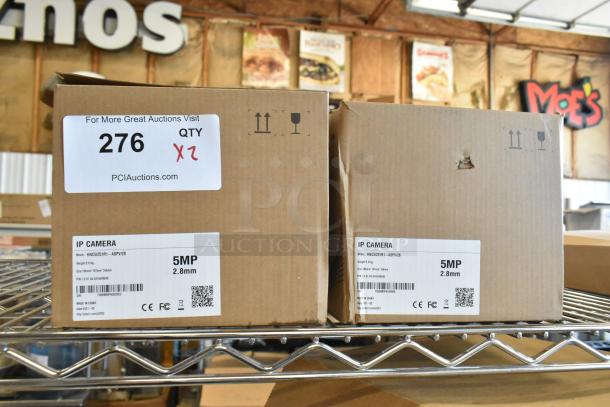 2 brand new HNC5I251R1-ASPV/28 IP cameras in boxes; 5MP, 2.8mm lens, auction quantity x2, packaging details visible.