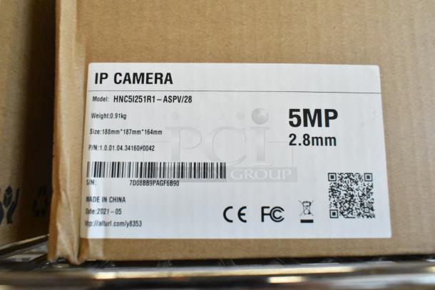 Brand new HNC5I251R1-ASPV/28 IP Camera in box, 5MP, 2.8mm lens, weight 0.91kg, dimensions 188x187x164mm, made in China.