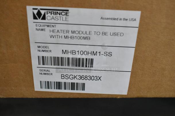 Brand new Prince Castle MHB100HM1-SS heater module in box, compatible with MHB100MB warmer, model and serial tags shown.