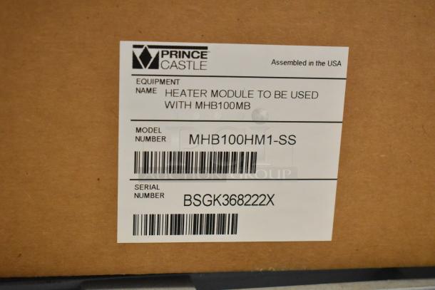 Brand new Prince Castle MHB100HM1-SS heater module in box, compatible with MHB100MB warmer. Model and serial numbers visible.