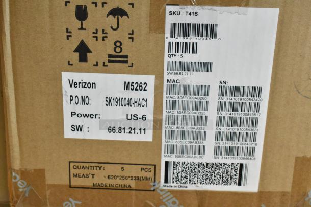 Brand new Verizon M5262 T41S IP Desk Phone box. Labels show SKU: T41S, PO No: SK1910040-HAC1, power: US-6. Made in China.