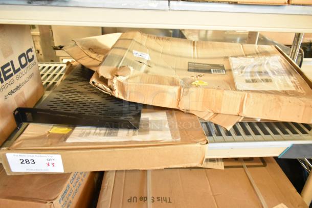 3 new items: Uline H-8593 inserts and 2 StarTech 1U cantilever shelves, in original packaging, quantity 3.