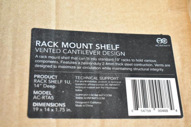 "Rack Mount Shelf" label on a box showing AC Infinity Vented Cantilever Design, model AC-RTA5, dimensions 19x14x1.75 inches.