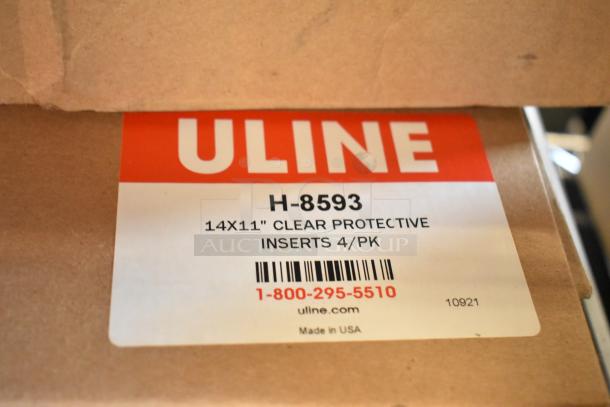 Brand new Uline H-8593 box showing label for 14x11 clear protective inserts, 4 per pack, made in USA.