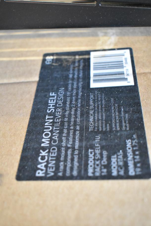 3 new boxed items: Uline H-8593 inserts, 2 StarTech 1U cantilever shelves. Shelf label highlights vented cantilever design.