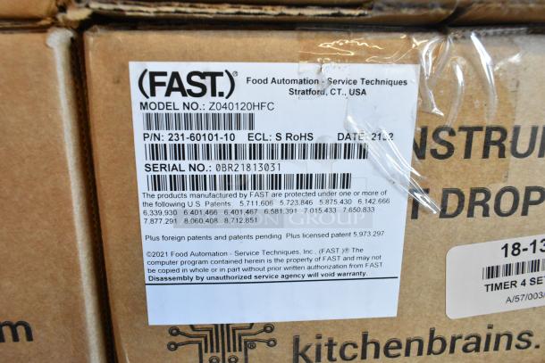 Brand new Fast Z040120HFC Timer, in box. Label shows model, part number, serial number, patents, and company details.