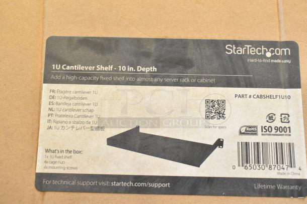 New StarTech 1U Cantilever Shelf in box, 10" depth. Includes shelf, 4 cage nuts, 4 mounting screws. Part #CABSHELF1U10.