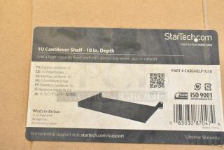 New StarTech 1U Cantilever Shelf in box, 10" depth. Includes shelf, 4 cage nuts, 4 mounting screws. Part #CABSHELF1U10.