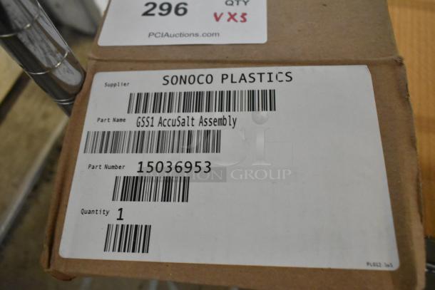 Brand new Sonoco AccuSalt Assembly in original box, part number 15036953. Includes American Metalcraft Aluminum Screen and plates.