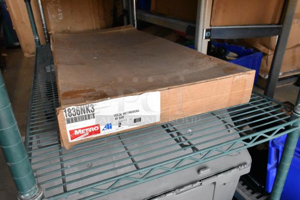 Box of 2 Metro 1836NK3 wire shelves, brand new, with labels showing 18x36 Metroseal III shelf specs.