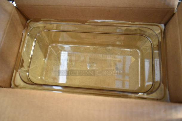 Box containing 6 brand new Carlisle 3086113 amber 1/3 size drop-in bins.
