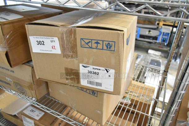 Box of 6 Vollrath 30362 stainless steel 1/3 size drop-in bins, brand new, with label indicating model and quantity.
