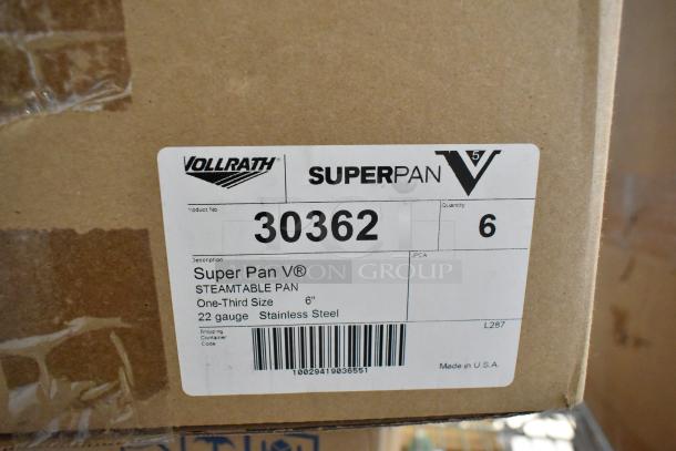 Box labeled Vollrath 30362, containing six new stainless steel 1/3 size drop-in bins, 22 gauge.