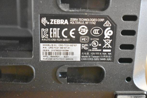 Zebra technologies label showing model CRD-TC2Y-SE1ET, made in Taiwan, compatible with TC2Y series, new condition.