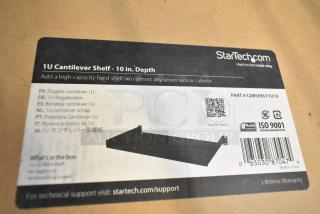 Brand new StarTech 1U Cantilever Shelf in box. Includes fixed shelf, cage nuts, and screws. Part #CABSHELF1U10.